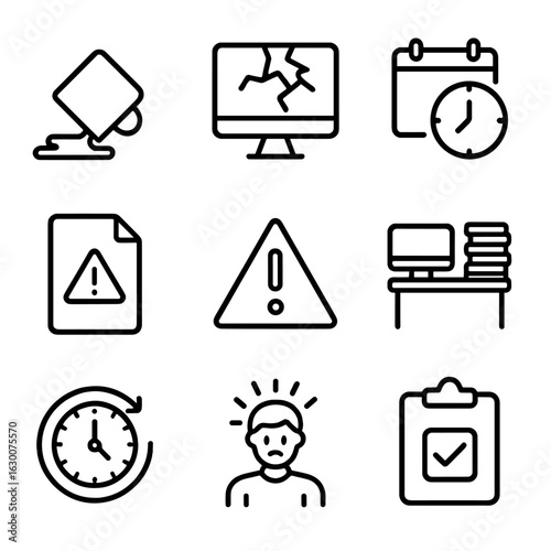 Workplace Chaos Icons. Outline icon set of disorder in workplace: spilled coffee, broken computer, missed deadline, error report,