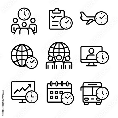 World Clock Icon Set. Outline icon set of world clock usage scenarios: business meeting, travel schedule, flight time,