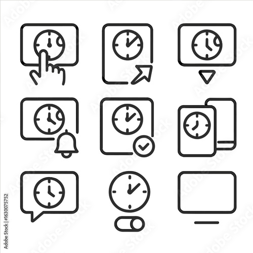 World Clock Icons. Outline icon set of world clock user interactions: touch screen, action, time zone selection, alarm set,