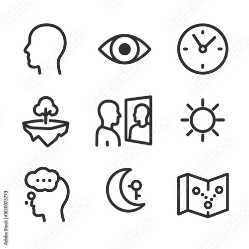 Lucid Dreaming Icons. Outline icon set of lucid dreaming: dreamer silhouette, open eye in sleep, reality check clock, floating