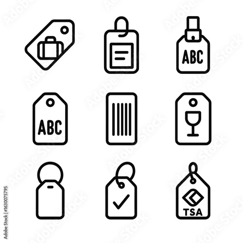 Luggage Tag Icon Set. Outline icon set of luggage tags: travel tag, name card insert, strap tag, airport code tag, barcode sticker