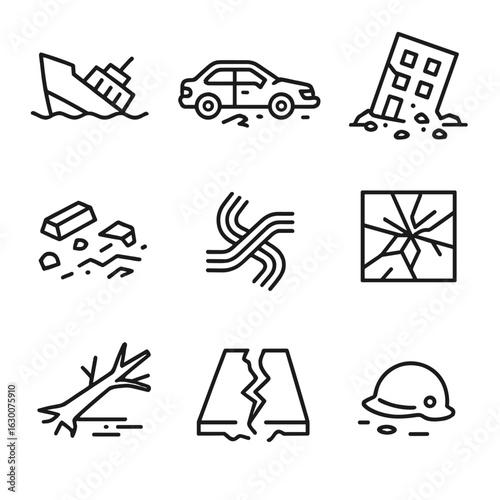 Wreckage Icon Set. Outline icon set of wreckage: broken ship, crushed car, collapsed building, scattered debris, twisted metal,