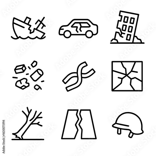 Wreckage Icon Set. Outline icon set of wreckage: broken ship, crushed car, collapsed building, scattered debris, twisted metal,