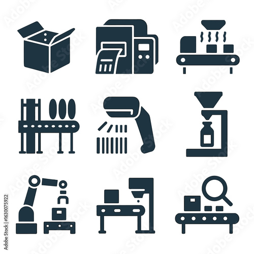 Packaging Equipment Icons. Solid, filled icons set of packaging plant equipment blueprints: carton folder