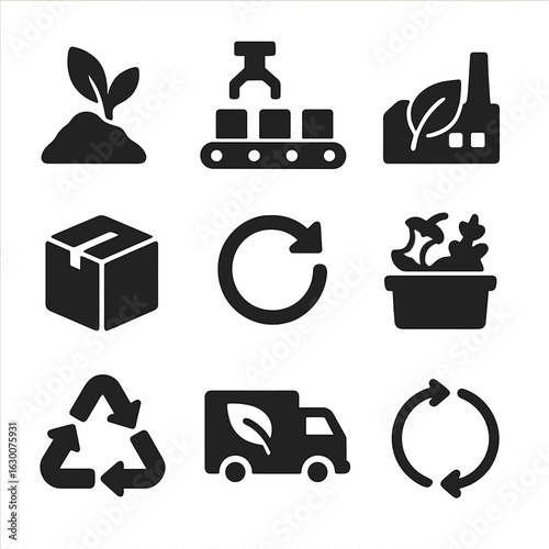 Packaging Lifecycle Icons. Solid, filled icons set of packaging lifecycle: raw material icon, production line,