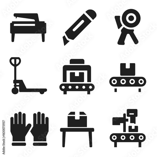Packaging Tools Icons. Solid, filled icons set of packaging machinery and tools: sealing machine, box cutter,
