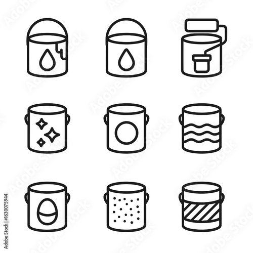 Paint Types Icon Set. Outline icon set of paint types: latex paint, oil-based paint, primer, gloss paint,