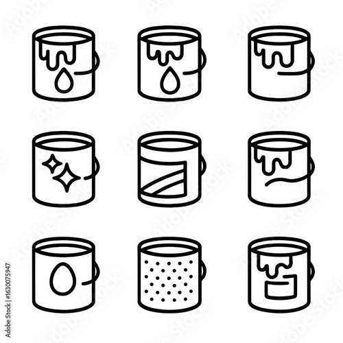 Paint Types Icon Set. Outline icon set of paint types: latex paint, oil-based paint, primer, gloss paint,