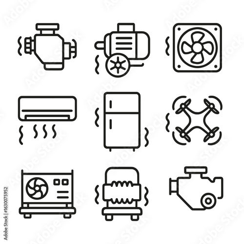 Machinery Hum Icons. Outline icon set of hum in machinery: engine hum, electric motor, fan, air conditioning, humming fridge,