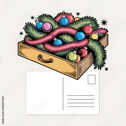 A festive open drawer filled with retro-style Christmas garland, tinsel, and colorful ornaments, placed above a blank postcard with copy space for a holiday greeting