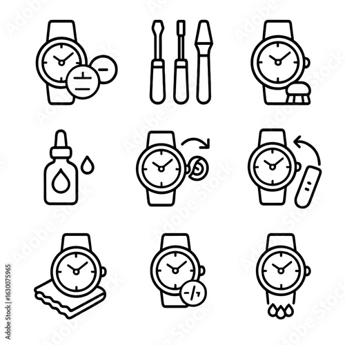 Wristwatch Maintenance Icons. Outline icon set of wristwatch maintenance: battery replacement, watchmaker tools, cleaning brush,