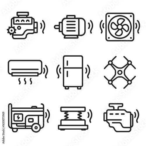 Machinery Hum Icons. Outline icon set of hum in machinery: engine hum, electric motor, fan, air conditioning, humming fridge,
