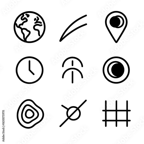 Eclipse Mapping Icons. Outline icon set of eclipse path and mapping: global map silhouette, path of totality line, observer