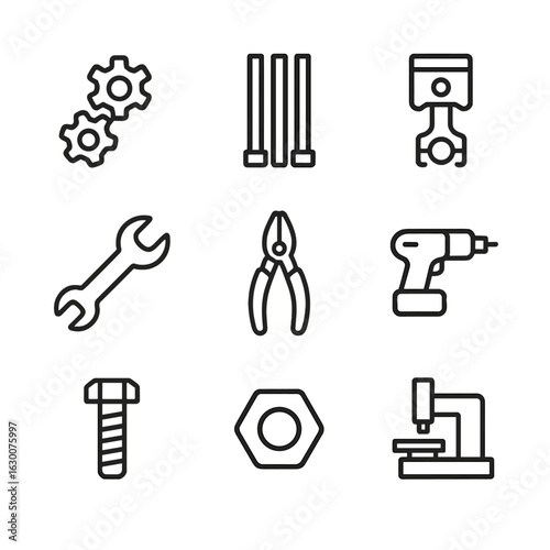 Machinery Outline Icons. Outline icon set of clang in machinery: gears, metal rods, piston, wrench, pliers, drill, bolt, nut,