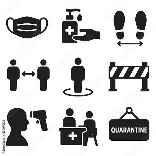 Pandemic Safety Icons. Solid, filled icons set of physical distance in pandemics: face mask, hand sanitizer,