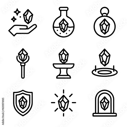 Magic Stone Outlines. Outline icon set of magic stone uses: spell casting, potion ingredient, amulet charm, staff core, altar