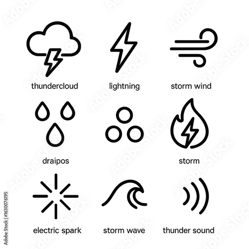 Zeus Element Icons. Outline icon set of Zeus elements: thundercloud, lightning bolt, storm wind, rain drops, hailstones, storm