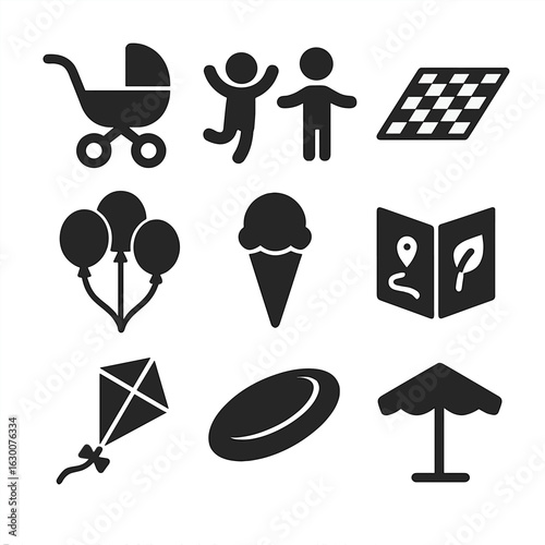 Park Outing Icons. Solid, filled icons set of family outing in the park: stroller, children playing, picnic