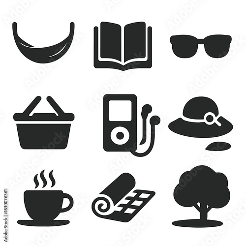 Park Relaxation Icons. Solid, filled icons set of relaxing in the park: hammock, book, sunglasses, picnic