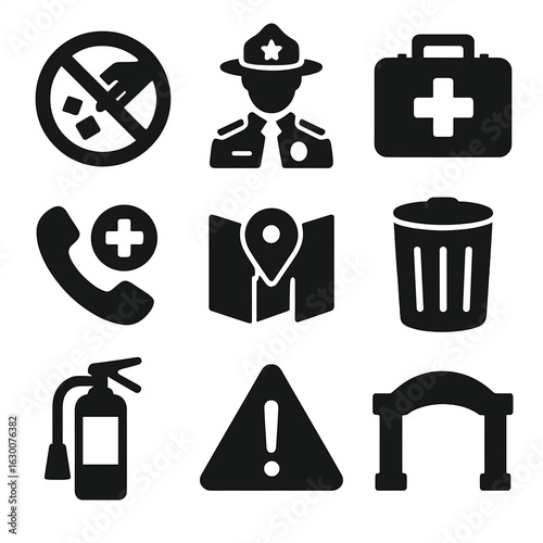 Park Safety Icons. Solid, filled icons set of park safety and rules: no littering sign, park ranger, first aid