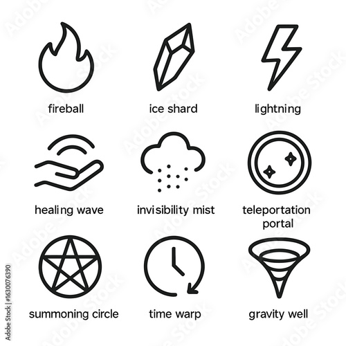 Magical Spells Icon Set. Outline icon set of spell types: fireball, ice shard, lightning bolt, healing wave, invisibility mist,