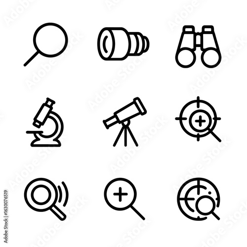 Magnification Icon Set. Outline icon set of magnification concepts: magnifying glass, zoom lens, binoculars, microscope, telescope