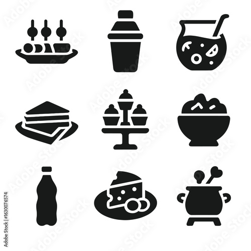 Party Food Icons. Solid, filled icons set of party food and drinks: appetizer plate, cocktail shaker, fruit