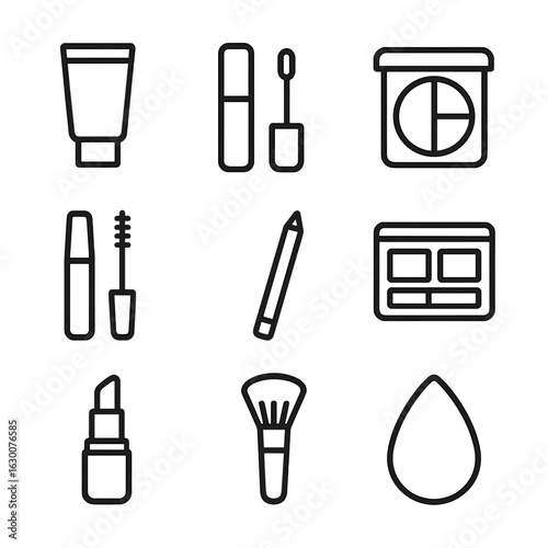 Makeup Essentials Icons. Outline icon set of makeup bag essentials: foundation tube, concealer wand, blush compact, mascara,