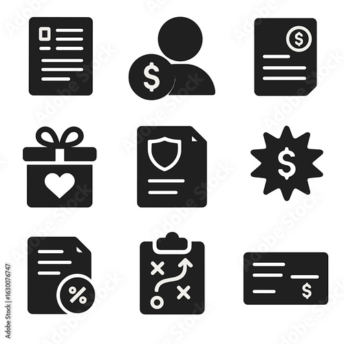 Payroll Icons Set. Solid, filled icons set of payroll and employee compensation planning: payroll list, salary