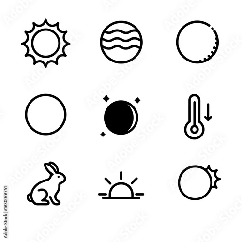 Eclipse Phenomena Icons. Outline icon set of eclipse phenomena: corona glow, shadow bands, Bailey’s beads, chromosphere, darkening
