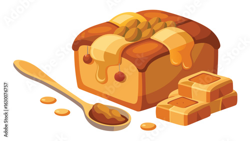 Illustration of a loaf cake with nuts and caramel with a spoon and caramel squares nearby