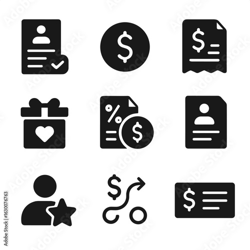 Payroll Icons Set. Solid, filled icons set of payroll and employee compensation planning: payroll list, salary