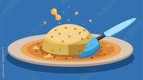 Illustration of a dessert on a plate with a blue utensil and yellow drops in a blue background