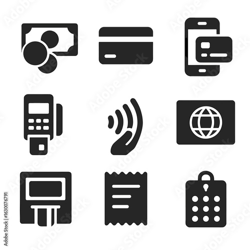 Payment Method Icons. Solid, filled icons set of payment methods abroad: cash, credit card, mobile wallet,