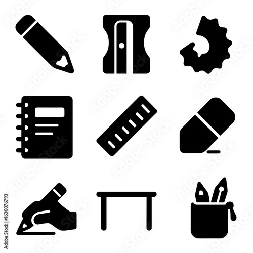 Pencil Sharpening Icons. Solid, filled icons set of Sharpening pencils: pencil, sharpener, shavings, eraser,