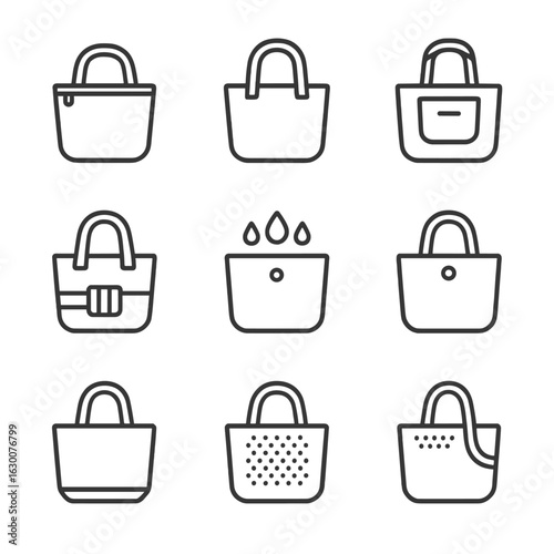 Eco Bag Icon Set. Outline icon set of eco bag features: zip closure, reinforced handle, inner pocket, foldable strap, waterproof