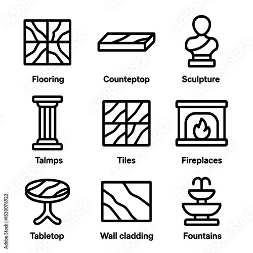 Marble Application Icons. Outline icon set of marble applications: flooring, countertops, sculptures, columns, tiles, fireplaces,