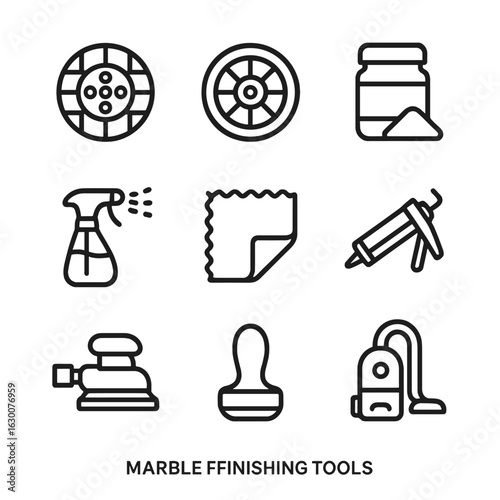 Marble Tool Icons. Outline icon set of marble finishing tools: polishing pad, grinding wheel, polishing powder, water sprayer,