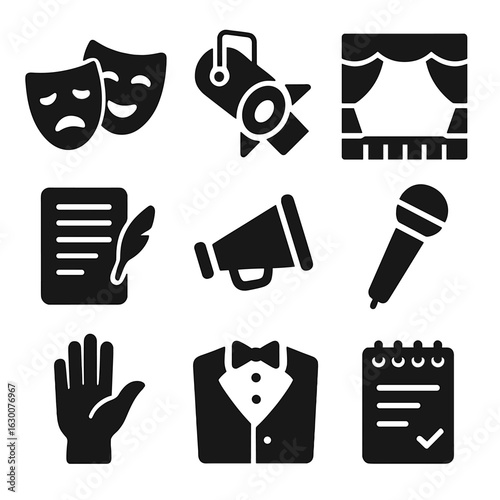 Performance Art Icons. Solid, filled icons set of performance art techniques: acting mask, spotlight, stage,