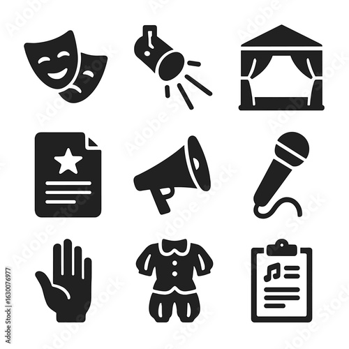 Performance Art Icons. Solid, filled icons set of performance art techniques: acting mask, spotlight, stage,