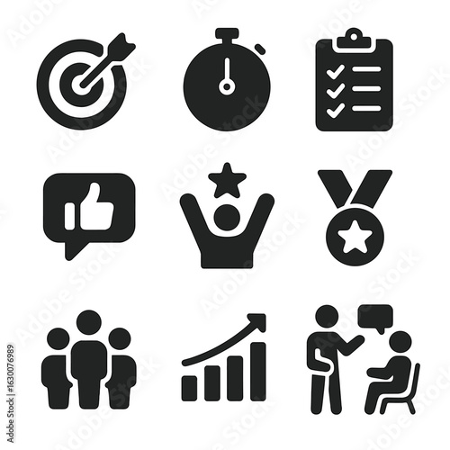 Performance Coaching Icons. Solid, filled icons set of Performance coaching elements: goal target, stopwatch,