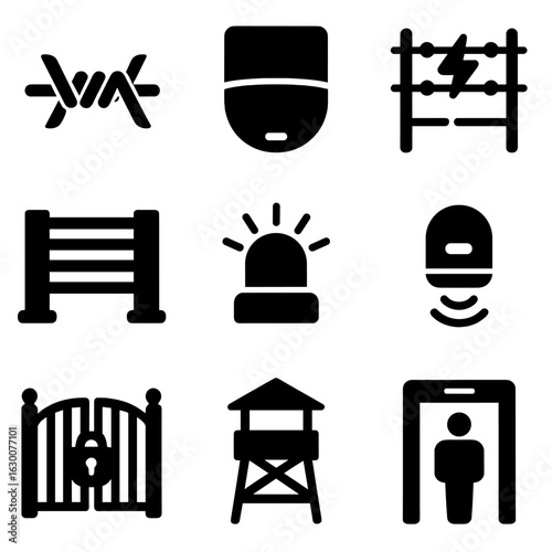 Perimeter Security Icons. Solid, filled icons set of perimeter security tools: barbed wire, motion detector,