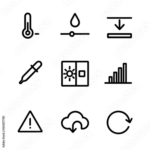 Photo Editing Icons. Outline icon set of post-processing white balance: temperature slider icon, tint slider icon, preset dropdown