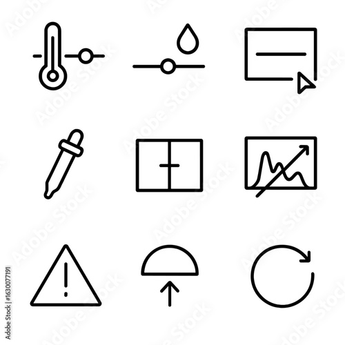 Photo Editing Icons. Outline icon set of post-processing white balance: temperature slider icon, tint slider icon, preset dropdown