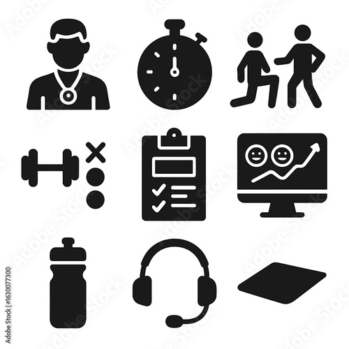 Personal Training Icons. Solid, filled icons set of personal training sessions: trainer icon, stopwatch, demo
