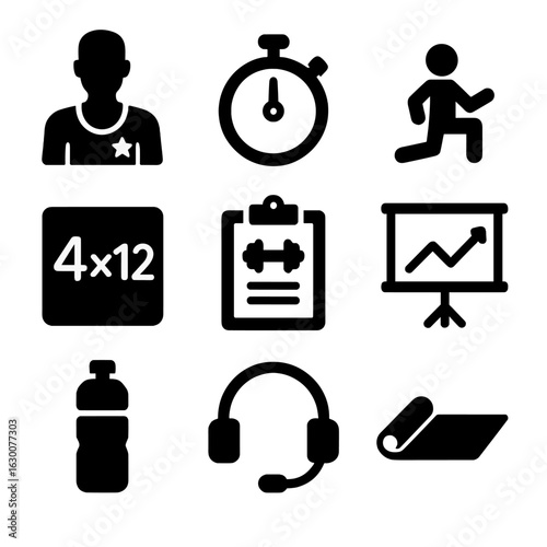 Personal Training Icons. Solid, filled icons set of personal training sessions: trainer icon, stopwatch, demo