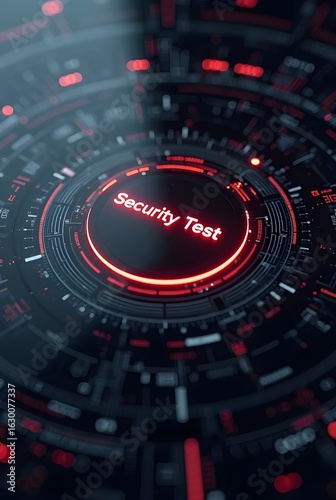 Wallpaper Mural Cybersecurity interface features a glowing red Security Test indicator, vertical composition. Intricate concentric circles and technological details create a visually striking composition. Torontodigital.ca