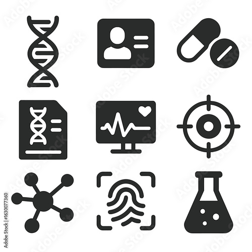 Personalized Medicine Icons. Solid, filled icons set of personalized medicine: DNA helix, patient profile,