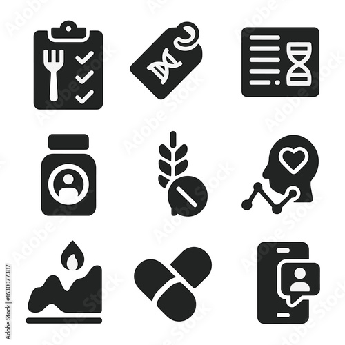 Personalized Nutrition Icons. Solid, filled icons set of personalized nutrition and wellness: meal plan icon,