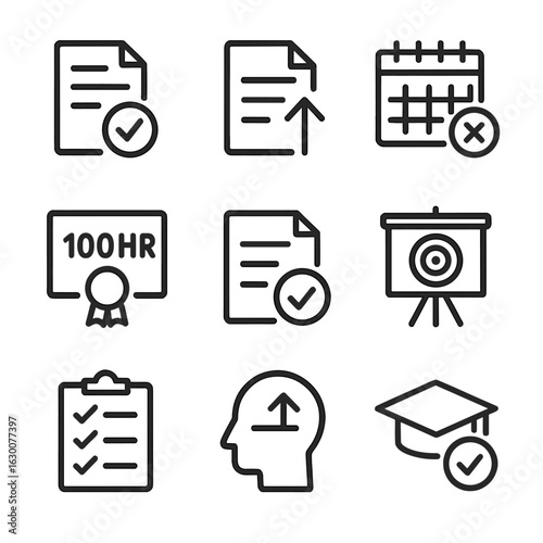 Education Icons Grid. Outline icon set of threshold in education and learning: passing grade, course requirement, attendance limit